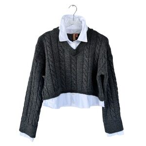 Pilcro for Anthropologie Cropped Cable-Knit Twofer Sweater in Dark Grey Size M